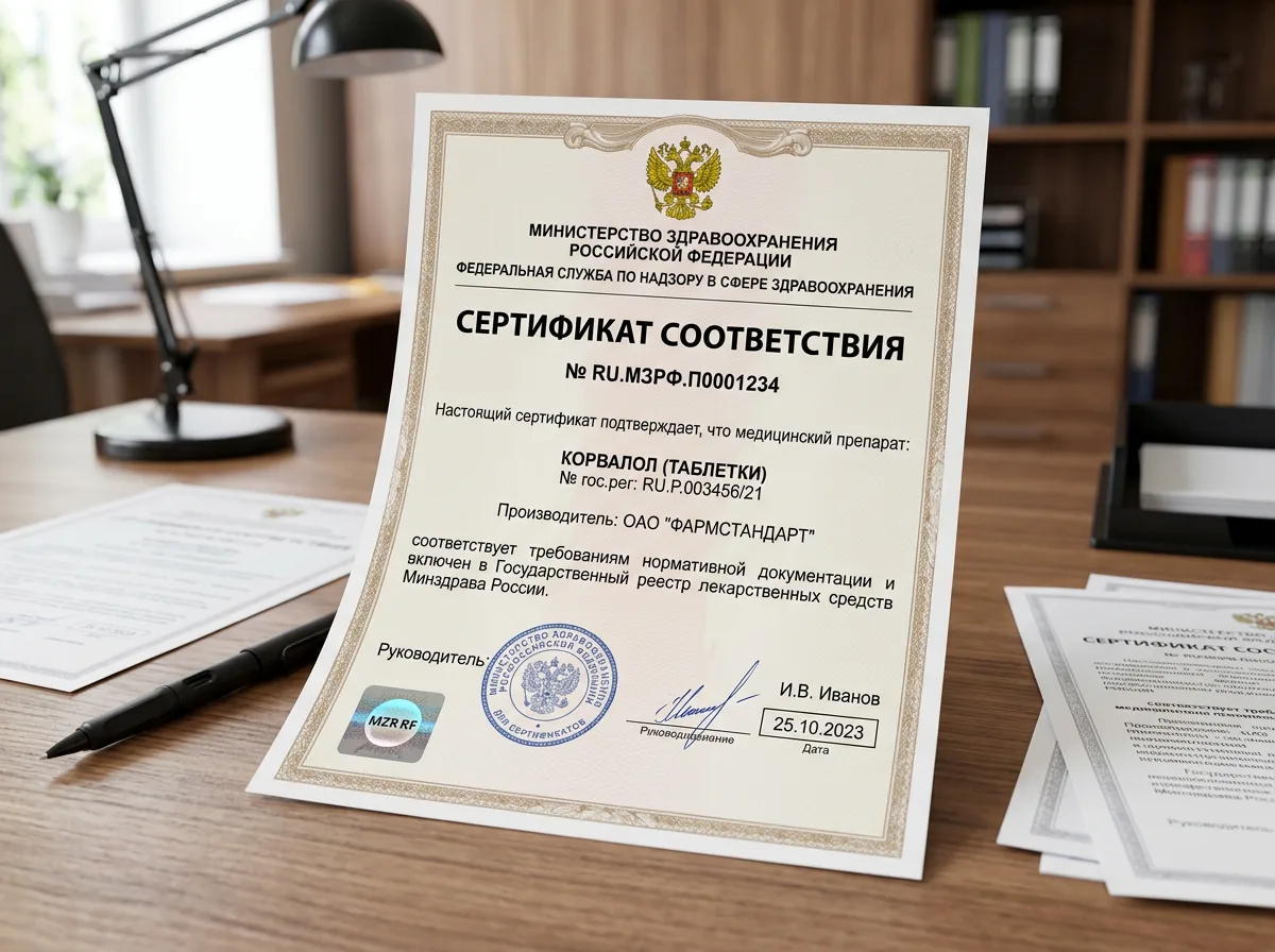 Сертификат соответствия медицинских препаратов государственному реестру лекарственных средств Минздрава России, официальный документ