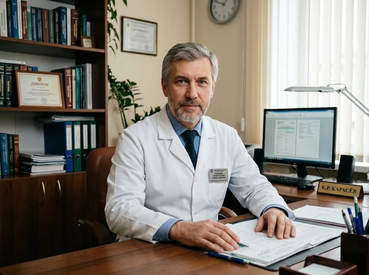 Карасёв Константин Рудольфович, врач психиатр-нарколог, мужчина 50 лет, белый халат, уверенный взгляд, клинический кабинет